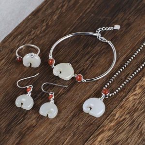 Buddha Stones 925 Sterling Silver Elephant Hetian Jade Abundance Necklace Pendant Bracelet Ring Earrings Set Bracelet Necklaces & Pendants BS 4Pcs(Necklace Bracelet Ring&Earrings)