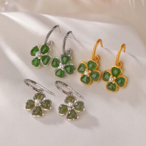 Buddha Stones 925 Sterling Silver Natural Cyan Jade Four Leaf Clover Luck Success Earrings Earrings BS main