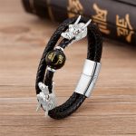 Buddha Stones Double Dragon Head Leather Stone Titanium Steel Success Bracelet (Extra 35% Off | USE CODE: FS35) Bracelet BS Silver Black Bead