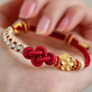 Buddha Stones Handmade True Love Knot Peach Blossom Charm Luck Rope Bracelet Bracelet BS True Love Knot&Gold Peach Blossom(Wrist Circumference 14-19cm)