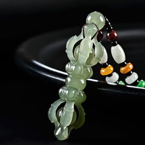 Buddha Stones Tibetan Natural Hetian Cyan Jade White Jade Dorje Vajra Engraved Success Necklace Pendant Necklaces & Pendants BS Hetian Cyan Jade(Success♥Healing)