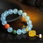 Buddha Stones Natural Aquamarine Amber Chinese Knotting Charm Peace Bracelet Bracelet BS 1