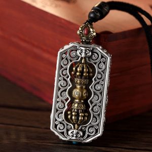 Buddha Stones Tibetan Om Mani Padme Hum Carved Dorje Vajra Rotatable Lotus Pattern Purity Rope Necklace Pendant Necklaces & Pendants BS Dorje Vajra&Om Mani Padme Hum