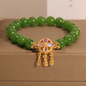 Buddha Stones Green Jade Dreamcatcher Four Leaf Clover Luck Bracelet Bracelet BS Jade(Wrist Circumference 14-16cm)