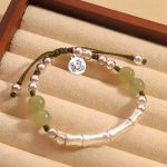 Buddha Stones 925 Sterling Silver Natural Jade Fu Character Bamboo Abundance Bracelet Bracelet BS Jade(Wrist Circumference14-19cm)