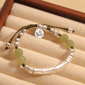 Buddha Stones 925 Sterling Silver Natural Jade Fu Character Bamboo Abundance Bracelet Bracelet BS Jade(Wrist Circumference14-19cm)