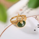 Buddha Stones Gourd Cyan Jade Copper Coin Success Luck Adjustable Ring