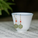 Buddha Stones 925 Sterling Silver 14K Gold Plated Hetian Jade Red Agate Luck Drop Dangle Earrings Earrings BS 4