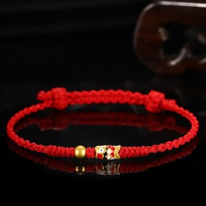 Buddha Stones 999 Gold Luck Koi Fish Handcrafted Braided String Bracelet Bracelet BS Red 24cm