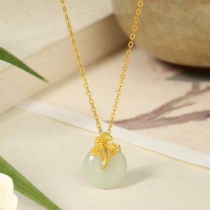 Buddha Stones 925 Sterling Silver Hetian Jade Ginkgo Leaves Prosperity Necklace Pendant Necklaces & Pendants BS Hetian Jade