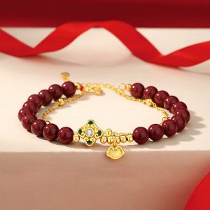 Buddha Stones 925 Sterling Silver Natural Cinnabar Four Leaf Clover Flower Blessing Chain Bracelet Bracelet BS 14-15cm