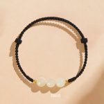 Buddha Stones Handcrafted Round Jade Lucky Bead Prosperity Braided Bracelet Bracelet BS 8mm Three Beads Black(Wrist Circumference 14-17cm)
