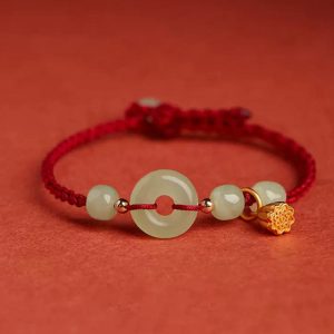 Buddha Stones Round Peace Buckle Jade Lotus Happiness Abundance Wealth String Bracelet Bracelet BS Lotus-Dark Red(Wrist Circumference 14-18cm)