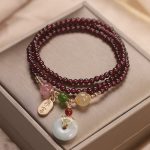 Buddha Stones Natural Garnet Strawberry Quartz Crystal Fox Koi Fish Peace Buckle Fortune Protection Triple Wrap Bracelet Bracelet BS 12