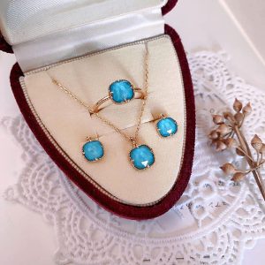 Buddha Stones 925 Sterling Silver Plated Gold Turquoise Protection Ring Earrings Necklace Pendant Set Bracelet Necklaces & Pendants BS Set(Necklace+Earrings+US8 Ring)