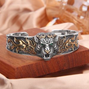 Buddha Stones 925 Sterling Silver Chinese Zodiac Tiger Keep Away Evil Spirits Bracelet Bangle Bracelet Bangle BS 925 Sterling Silver
