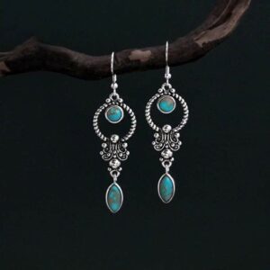 Buddha Stones 925 Sterling Silver Vintage Turquoise Waterdrop Pattern Balance Drop Dangle Earrings Earrings BS 925 Sterling Silver Turquoise Earrings