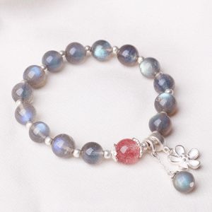 Buddha Stones Moonstone Strawberry Quartz Flower Healing Charm Bracelet Bracelet BS Moonstone&Strawberry Quartz