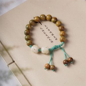 Buddha Stones Green Sandalwood Bodhi Seed Lucky Cat Positive Bracelet Bracelet BS Green Sandalwood(Wrist Circumference 14-15cm)