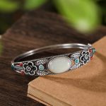 Buddha Stones Cyan Jade White Jade Flower Leaf Harmony Luck Bracelet Bangle Bracelet Bangle BS 10
