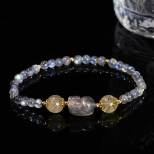 Buddha Stones Moonstone Strawberry Quartz Tourmaline PiXiu Healing Bracelet Bracelet BS Moonstone(Wrist Circumference 14-16cm)