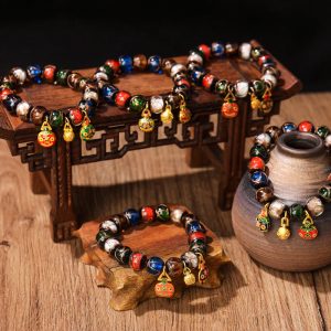 Buddha Stones Five Elements Gold Swallowing Beast Family Charm Liuli Glass Bead Luck Bracelet Bracelet BS main