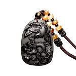 Buddha Stones Black Obsidian Tiger Eye Dragon Phoenix Protection Beaded Necklace Pendant Necklaces & Pendants BS 6