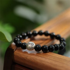 Buddha Stones 925 Sterling Silver Black Onyx Bead Character Engraved Protection Bracelet Bracelet BS Black Onyx(Protection♥Fortune)