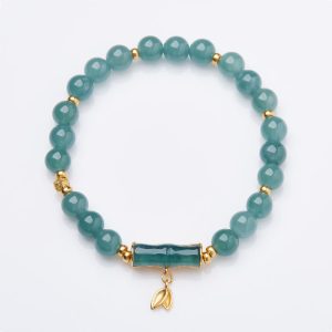 Buddha Stones 925 Sterling Silver Plated Gold Natural Green Jade Bamboo Charm Luck Bracelet Bracelet BS Jade(Wrist Circumference 14-16cm)