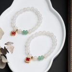 Buddha Stones Natural White Agate Red Agate Money Bag Fu Character Four Leaf Clover Protection Bracelet Bracelet BS 9