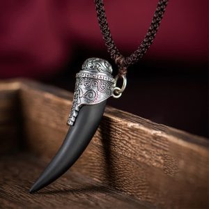 Buddha Stones 925 Sterling Silver Black Obsidian Wolf Tooth Pattern Strength Necklace Pendant Necklaces & Pendants BS Black Obsidian (Purification ♥ Transformation)