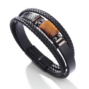 Buddha Stones Tiger Eye Power Magnetic Buckle Multilayered Leather Bracelet Bracelet BS One Tiger Eye Stone 23cm