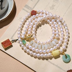 Buddha Stones 925 Sterling Silver Pearl Hetian Jade Red Agate Double Happiness Amber Luck Quadruple Wrap Bracelet Bracelet BS Pearl(Healing♥Wisdom)