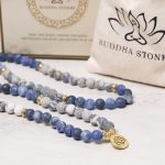 Buddha Stones 108 Natural Picasso Jasper & Blue Stone Mala Bead Lotus Pendant Bracelet Bracelet BS 4