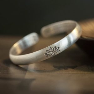 Buddhastoneshop Lotus Flower Heart Sutra White Copper Healing Luck Bracelet