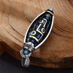 Buddha Stones Tibetan Om Mani Padme Hum Nine-Eye Dzi Bead Pattern Peace Purity Rotatable Necklace Pendant Necklaces & Pendants BS 6
