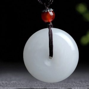 Buddha Stones Round Hetian White Jade Peace Buckle Blessing Necklace Pendant Necklaces & Pendants BS 35mm