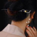 Buddha Stones Ebony Wood Yellow Flower Pearl Tassels Hairpin Hairpin BS 5