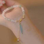 Buddha Stones 14K Gold Plated Hetian White Jade Bamboo Leaf Luck Protection Bracelet Bracelet BS 5