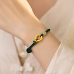Buddha Stones 999 Sterling Silver Peace Buckle Hetian Jade Bead Luck Green Rope Braided Bracelet 5