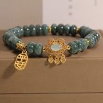 Buddha Stones Natural Jade Chinese Lock Charm Peace Luck Abundance Bracelet Bracelet BS Jade(Prosperity♥Abundance)(Wrist Circumference 14-18cm)