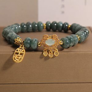 Buddha Stones Natural Jade Chinese Lock Charm Peace Luck Abundance Bracelet Bracelet BS Jade(Prosperity♥Abundance)(Wrist Circumference 14-18cm)