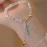 Buddha Stones 14K Gold Plated Hetian White Jade Bamboo Leaf Luck Protection Bracelet Bracelet BS 6
