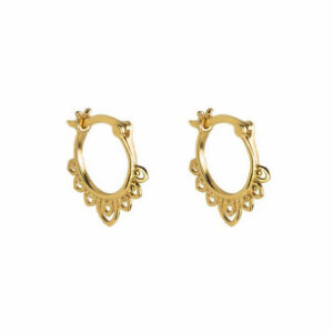 Buddha Stones Round Lotus Flower Pattern Luck Hoop Earrings Earrings BS Gold