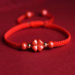 Buddha Stones Four Leaf Clover Five-petal Flower Cinnabar Blessing Red String Bracelet Bracelet BS Red Cinnabar Lucky Four Leaf Clover(Wrist Circumference 15-19cm)