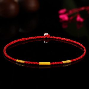 Buddha Stones 999 Gold Bead Handmade Four Thread Wishful Knots Braided Protection Bracelet Bracelet BS Red&Gold Thread 24cm