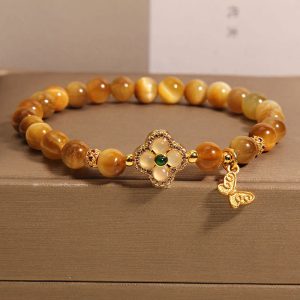 Buddha Stones Tiger Eye Four Leaf Clover Butterfly Protection Bracelet Bracelet BS Tiger Eye(Wrist Circumference 14-16cm)
