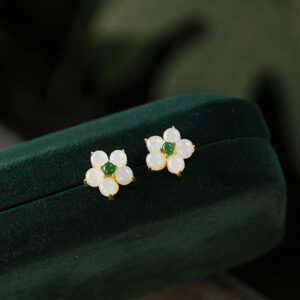 Buddha Stones White Jade Flower Luck Blessing Stud Earrings Earrings BS White Jade(Protection♥Blessing)