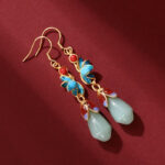 Buddha Stones Magnolia Flower Jade Pattern Luck Prosperity Drop Dangle Earrings Earrings BS 1