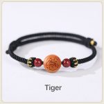 Buddha Stones Natural Peach Wood Chinese Zodiac Fu Character Carved Cinnabar Wealth Bracelet Bracelet BS Tiger-Black(Wrist Circumference 14-22cm)